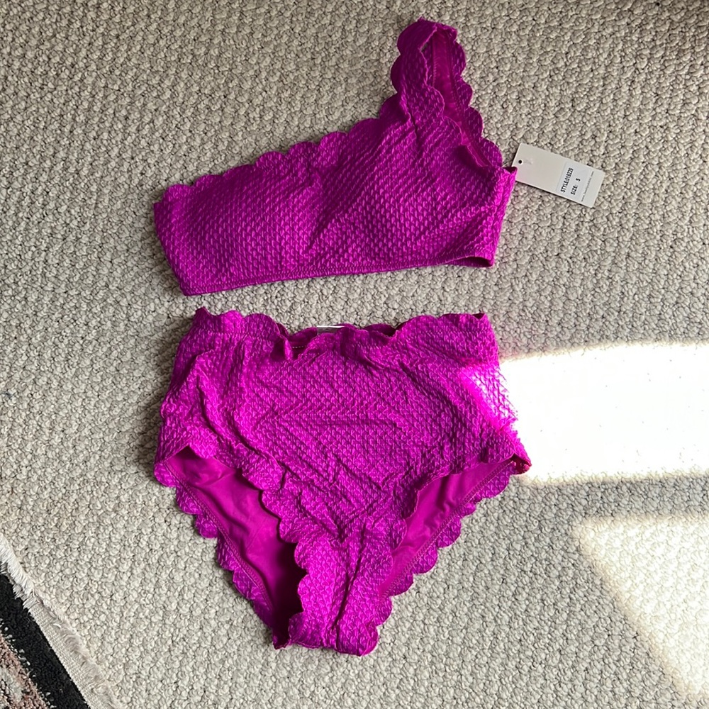 Hot pink one shoulder high waisted bikini